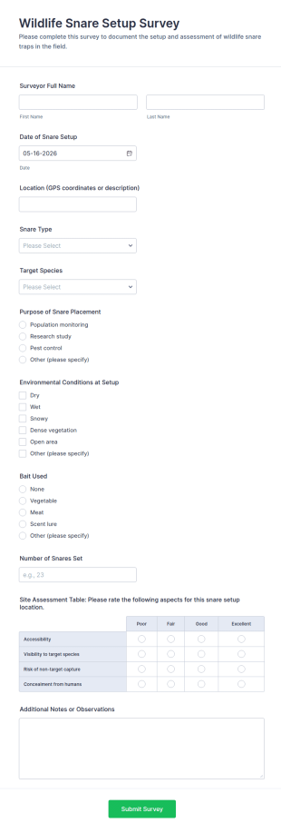 Wildlife Snare Setup Survey Form Template