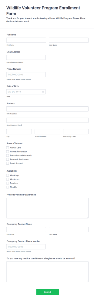 Wildlife Volunteer Program Enrollment Form Template