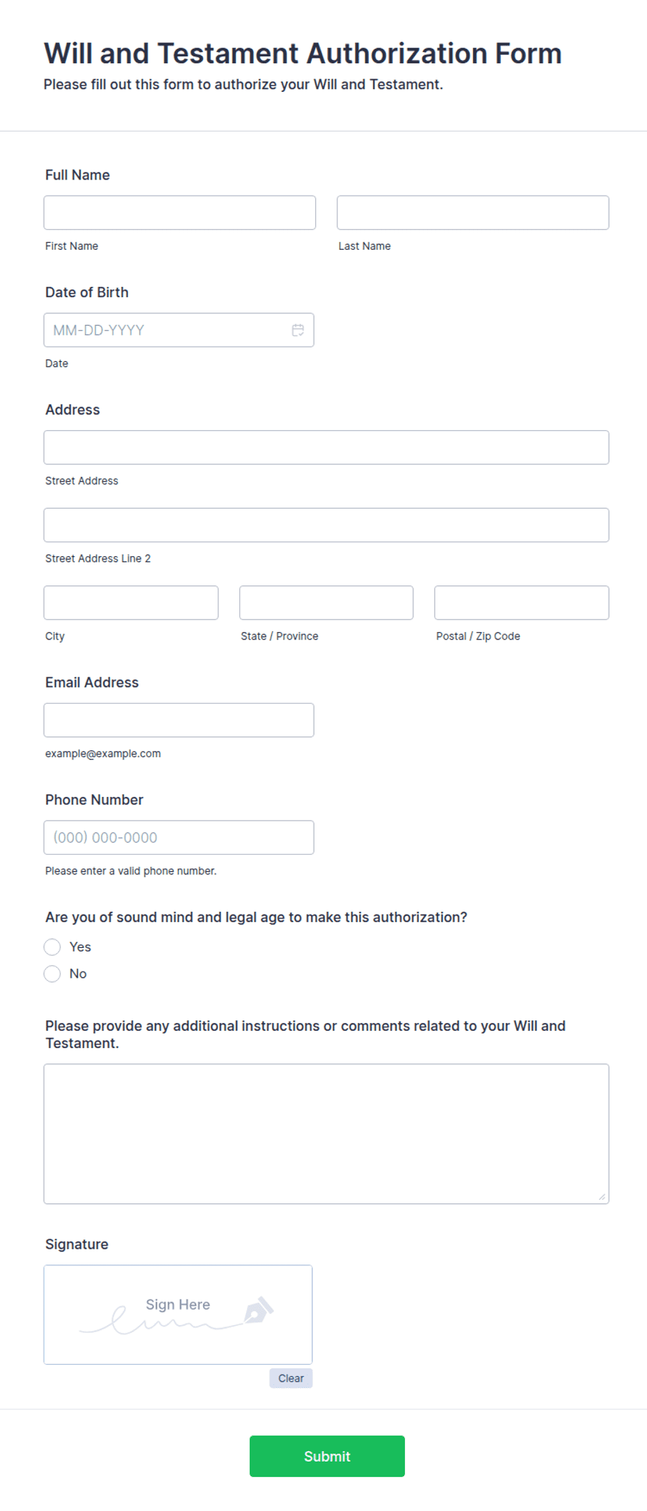 Will and Testament Authorization Form Template | Jotform