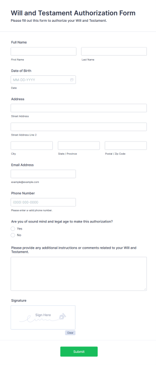 Will And Testament Authorization Form Template