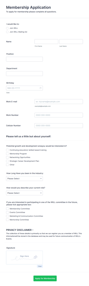 WILL Membership Application Form Template