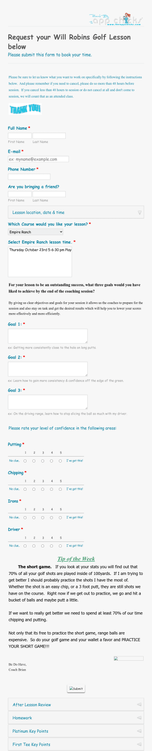 Will Robins Golf Lesson Request Form Template