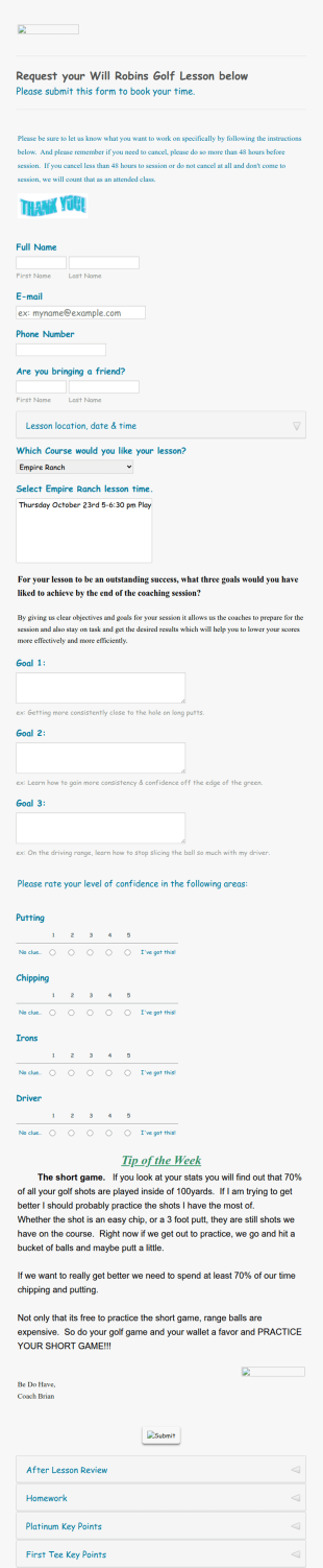 Will Robins Golf Lesson Request Form Template