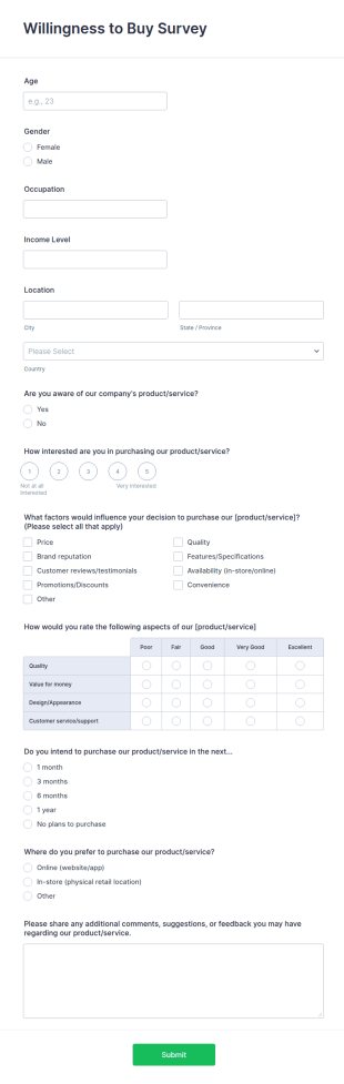 Willingness To Buy Survey Form Template
