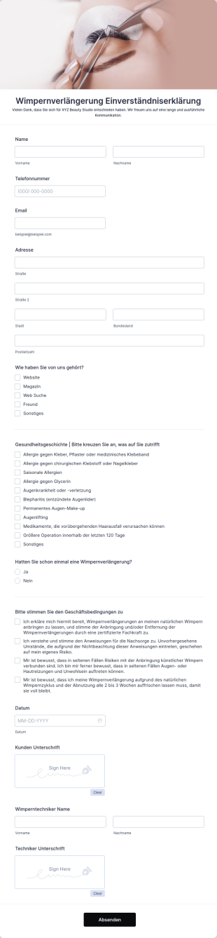 Wimpernverlängerung Einverständniserklärung