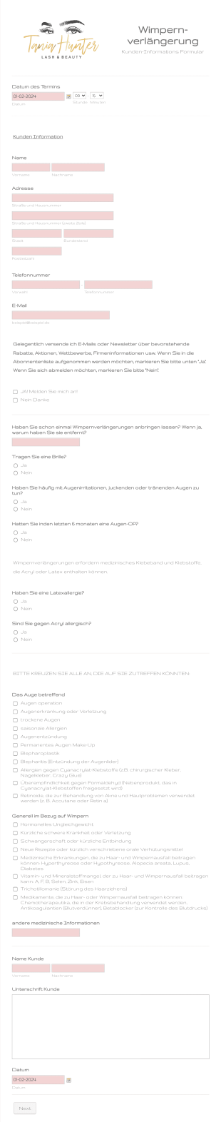 Wimpernverlängerungs Beratungsformular Form Template