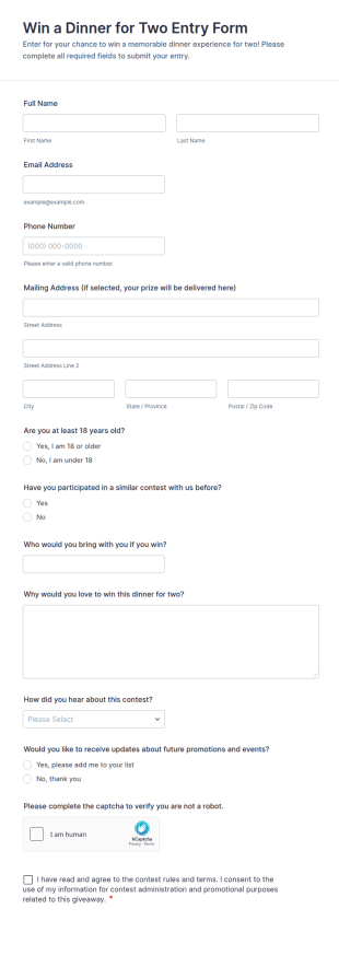Win A Dinner For Two Entry Form Template