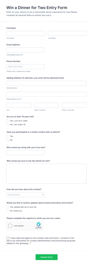 Win A Dinner For Two Entry Form Template