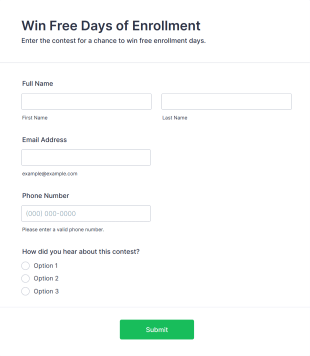Win Free Days Of Enrollment Contest Entry Form Template