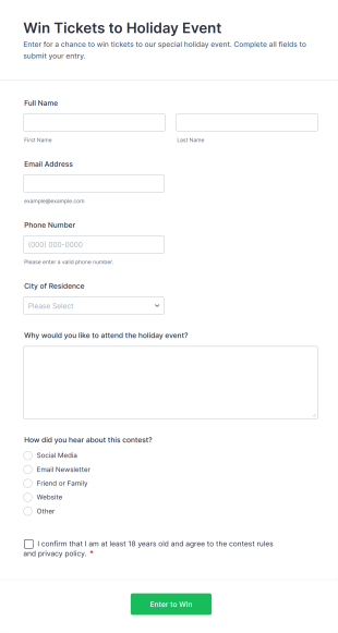 Win Tickets To Holiday Event Form Template