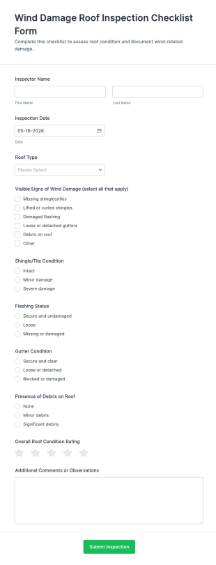 Wind Damage Roof Inspection Checklist Form Template