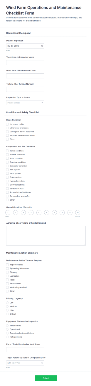Wind Farm Operations And Maintenance Checklist Form Template