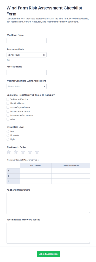 Wind Farm Risk Assessment Checklist Form Template