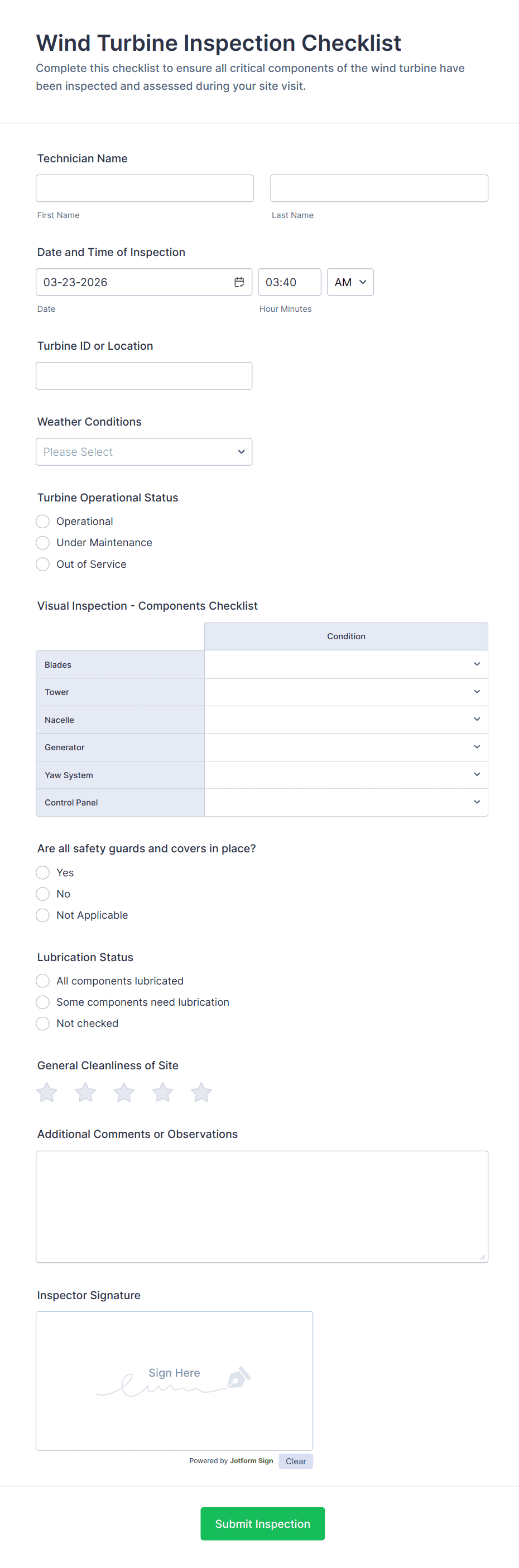 Wind Turbine Inspection Checklist Form Template | Jotform