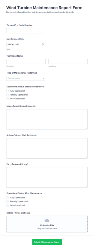 Wind Turbine Maintenance Report Form Template
