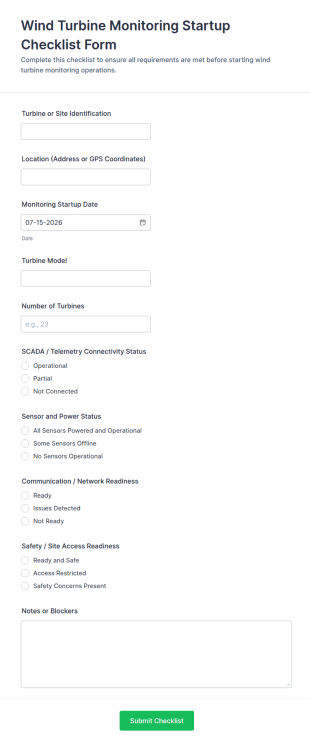 Wind Turbine Monitoring Startup Checklist Form Template