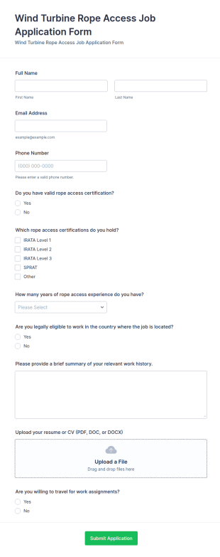 Wind Turbine Rope Access Job Application Form Template
