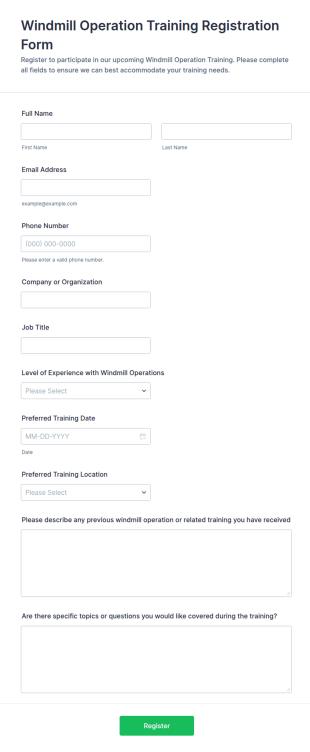 Windmill Operation Training Registration Form Template