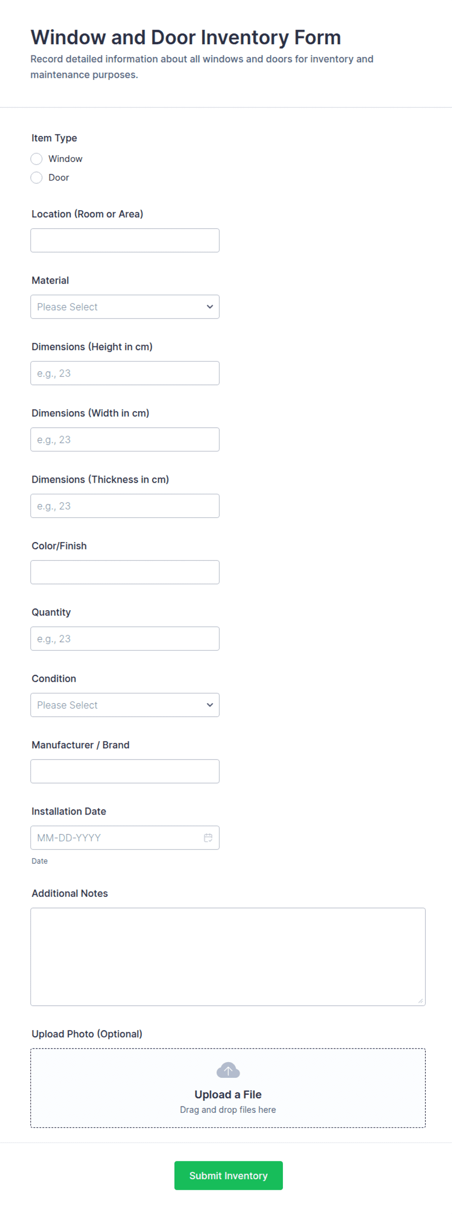 Window Intake Forms Window and Door Inventory Form Template | Jotform