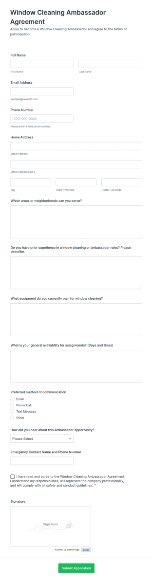 Window Cleaning Ambassador Agreement Form Template