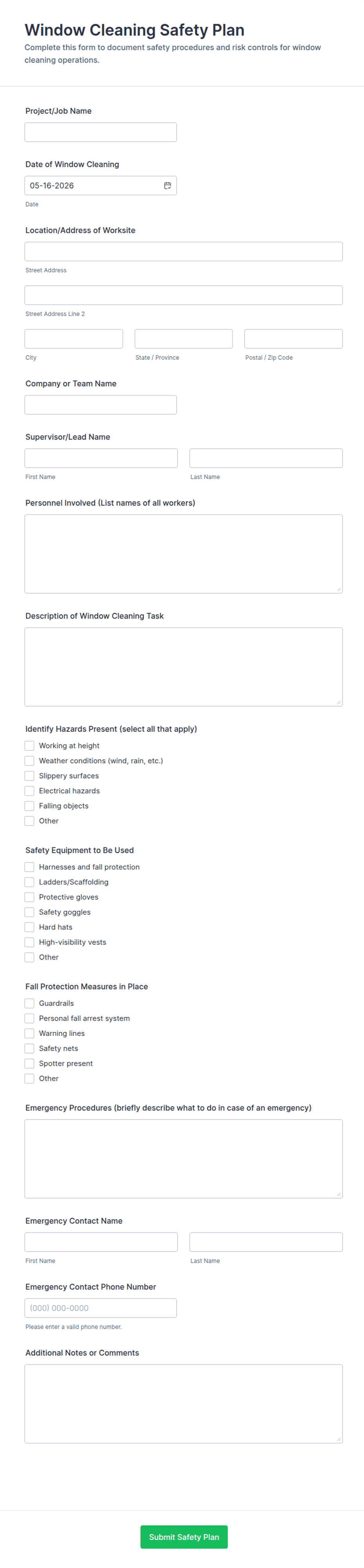 Window Cleaning Safety Plan Form Template | Jotform