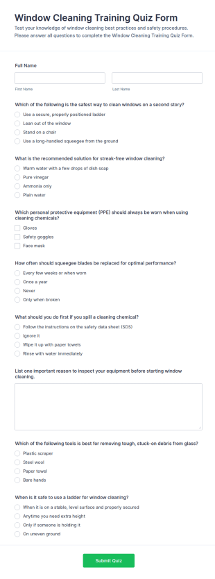 Window Cleaning Training Quiz Form Template