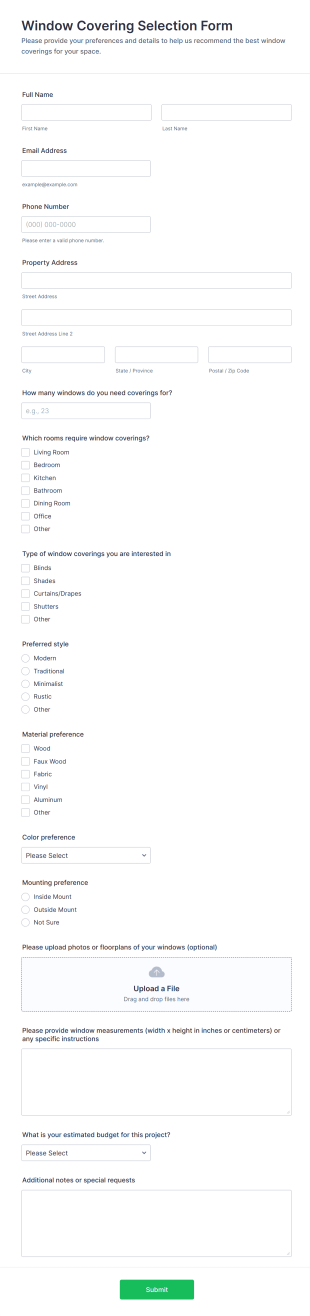 Window Covering Selection Form Template