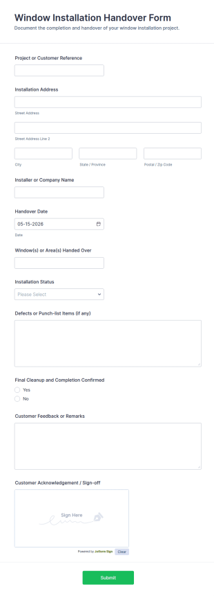 Window Installation Handover Form Template