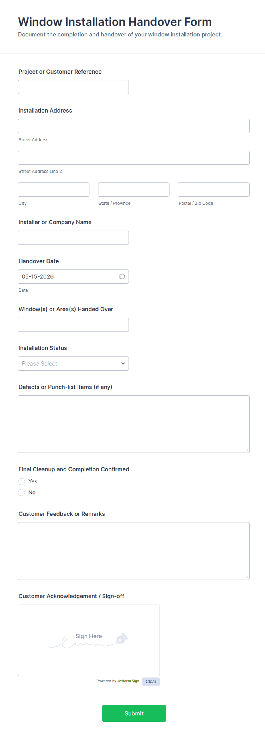 Window Intake Forms Window Installation Handover Form Template | Jotform