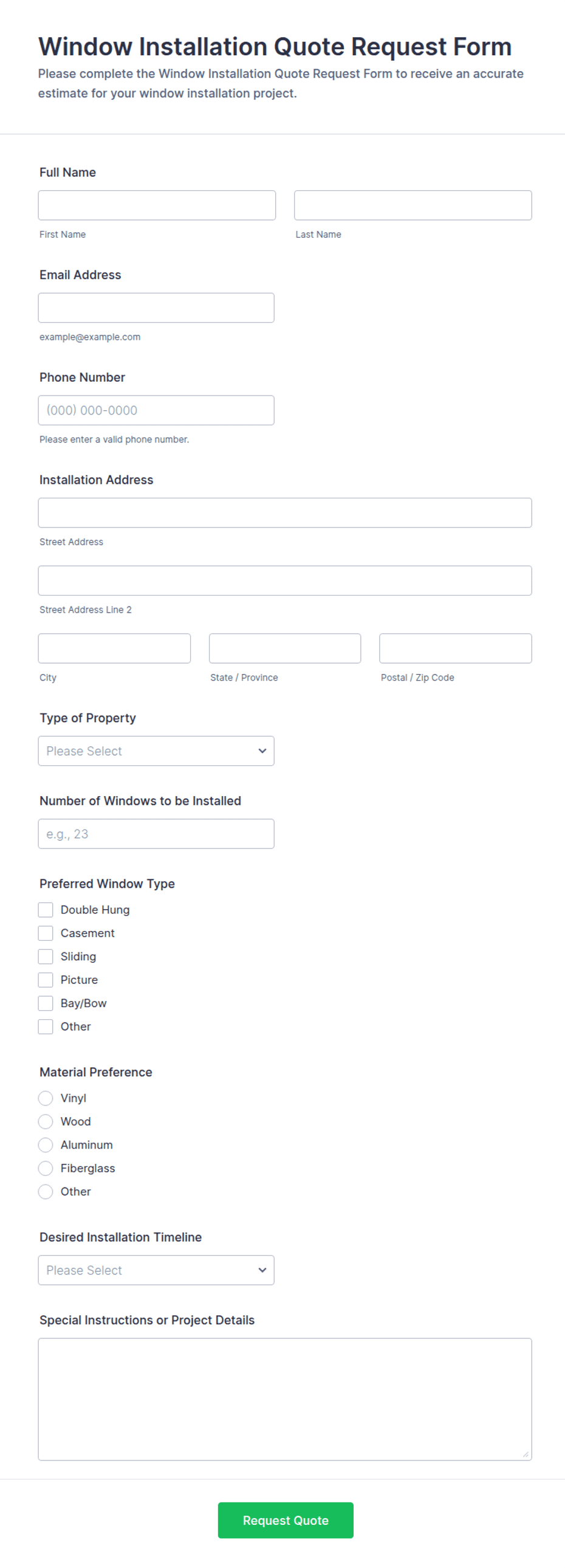 Window Intake Forms Window Installation Quote Request Form Template | Jotform