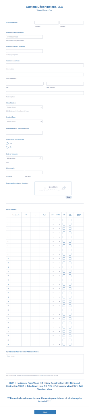 Window Measure Form Template