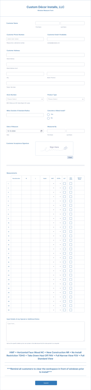 Window Measure Form Template