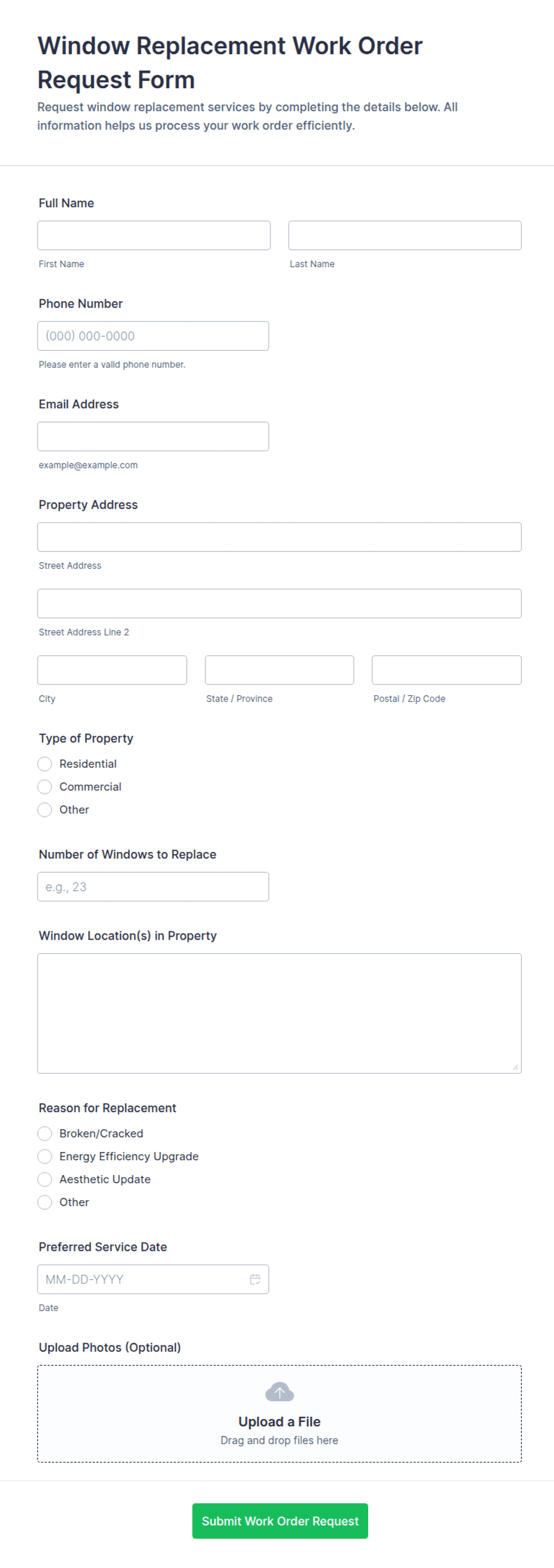 Window Replacement Work Order Request Form Template | Jotform