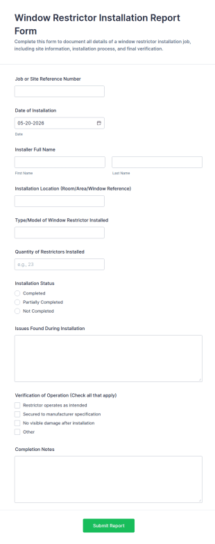 Window Restrictor Installation Report Form Template