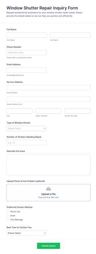 Window Shutter Repair Inquiry Form Template