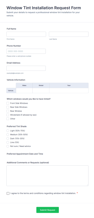 Window Tint Installation Request Form Template