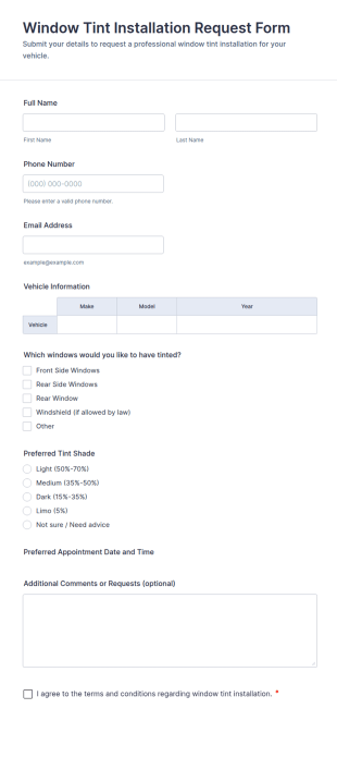 Window Tint Installation Request Form Template