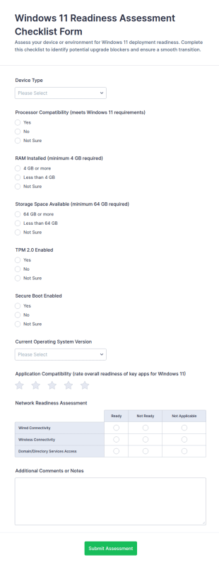 Windows 11 Readiness Assessment Checklist Form Template