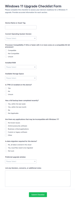 Windows 11 Upgrade Checklist Form Template