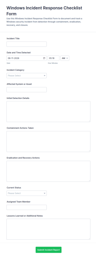Windows Incident Response Checklist Form Template
