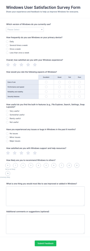 Windows User Satisfaction Survey Form Template