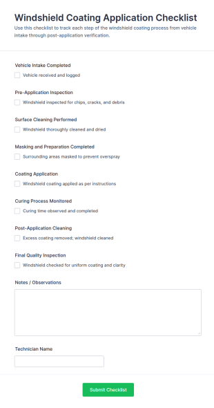 Windshield Coating Application Checklist Form Template