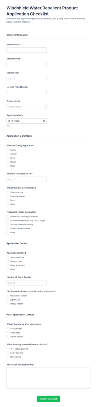 Windshield Water Repellent Product Application Checklist Form Template