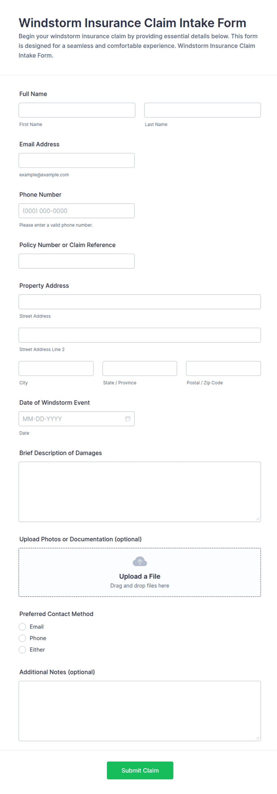 Windstorm Insurance Claim Intake Form Template | Jotform