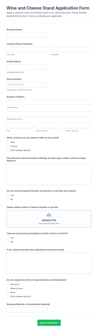 Wine And Cheese Stand Application Form Template