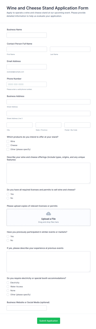 Wine And Cheese Stand Application Form Template