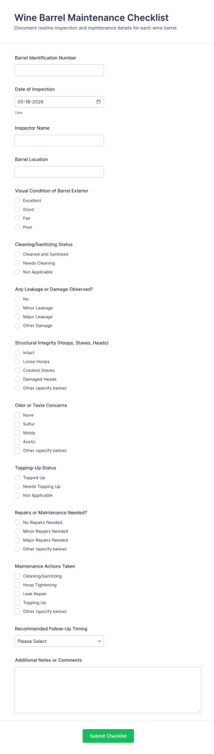 Wine Barrel Maintenance Checklist Form Template