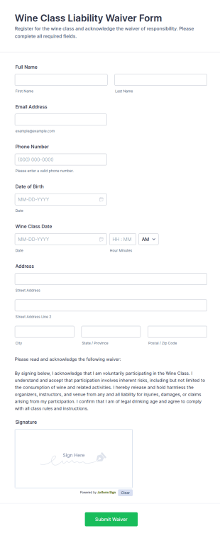 Wine Class Liability Waiver Form Template