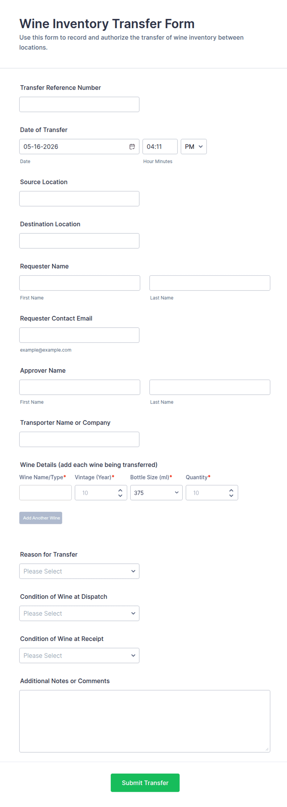 Transfer Inventory.pdf Wine Inventory Transfer Form Template | Jotform