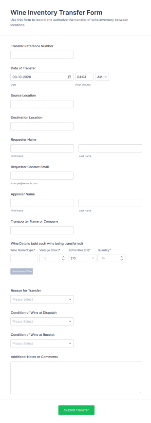 Wine Inventory Transfer Form Template